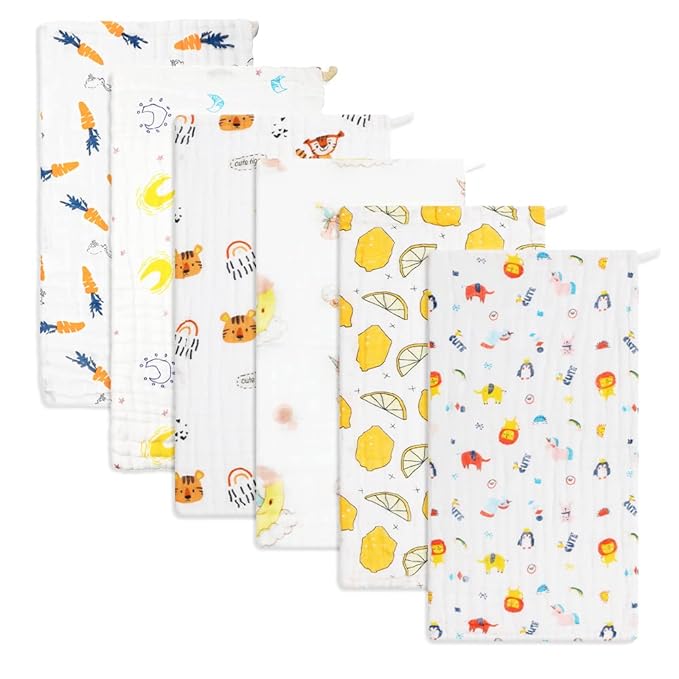 norinori Baby Burp Cloths Muslin Washcloths 6Pack - Muslin Burp Cloths Hanky Large 20''x10'' Extra Soft Absorbent Baby Burp Rags for Newborn 100% Cotton for Boys Girls Gift 6 Layers Machine Washable