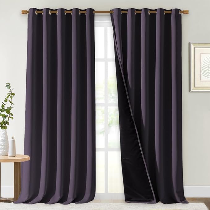 NICETOWN Full Shading Curtains for Windows, Greyish Purple, Pack of 2, 62 inches W x 95 inches L, Super Heavy-Duty Black Lined Blackout Curtains for Bedroom, Privacy Assured Window Treatment