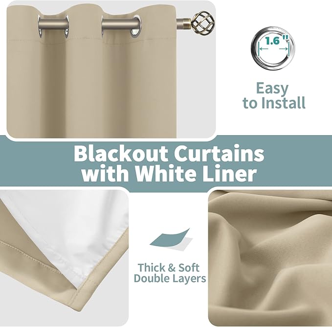 BGment Short Blackout Curtains for Bedroom 54 Inch Length, Thermal Insulated Soundproof Room Darkening Curtains for Small Window, Each Drape 42 Inch Wide, Beige, 2 Panels