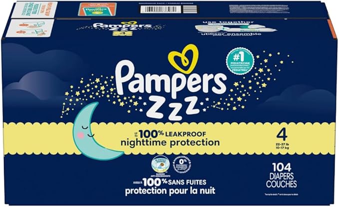 Pampers ZZZ Overnight Diapers, Size 4 (22-37 lbs), 104 Count, Nighttime Protection Disposable Baby Diaper, Night Time Leak and Skin Protection