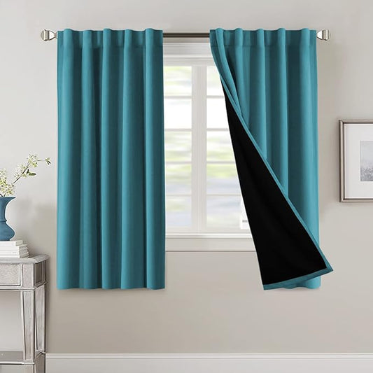 H.VERSAILTEX 100% Blackout Curtains for Bedroom with Black Liner Full Room Darkening Curtains Thermal Back Tab/Rod Pocket Window Drapes for Living Room, 2 Panels, 42 x 63 Inch, Turquoise Blue