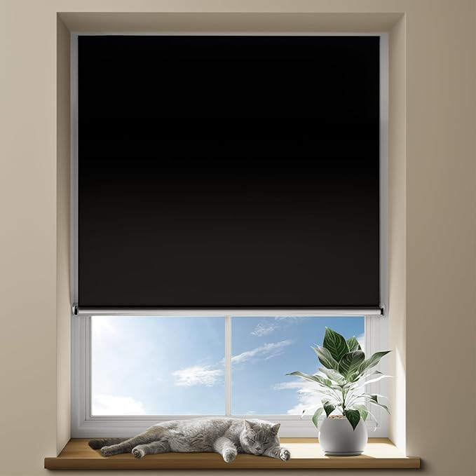 100% Blackout Portable Roller Shades with Magnetic Buckle, No Tools No Drill Cordless Blackout Blinds for Windows, Thermal Insulated Black out Curtains for Bedroom, Travel(31" W x 60" H, Black)