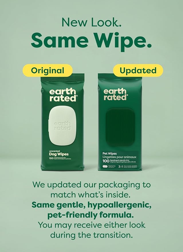 Earth Rated Pet Wipes for Dogs and Cats, Hypoallergenic, Cleaning and Hydrating, for Grooming Paws, Body and Butt, Unscented, 100 Count