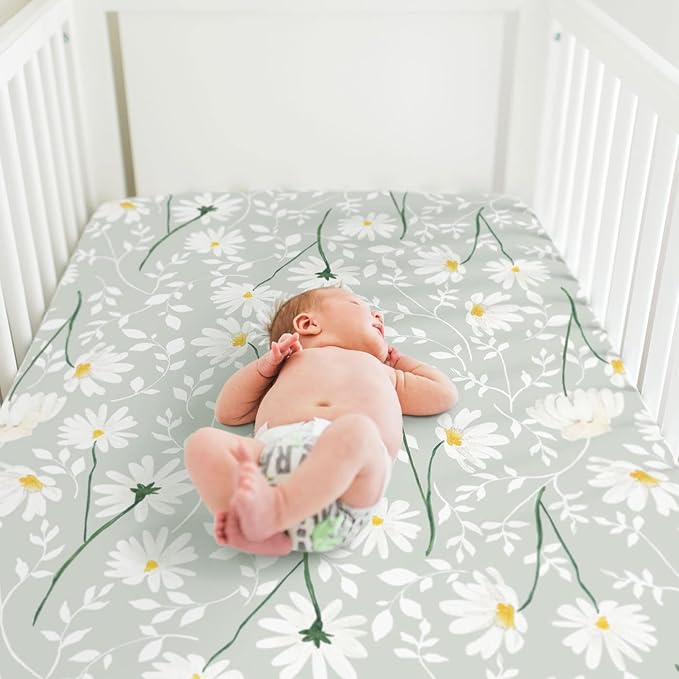 Stretchy Ultra Soft Jersey Knit Fitted Crib Sheets Set 2 Pack, Fit All Standard Crib Mattress Pads, Breathable Crib Sheet for Girls, Watercolor Daisy Flowers