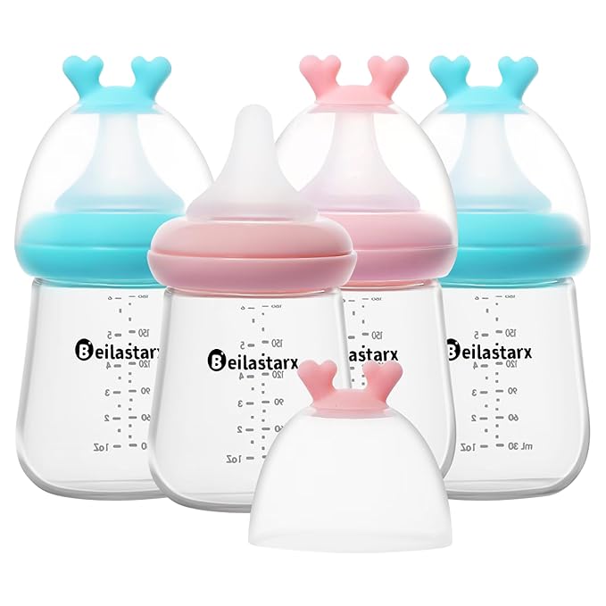 Beilastarx Glass Baby Bottles with Natural Response Nipple Size S - Anti Colic Baby Bottles Wide Neck Slow Flow Baby Bottle (Multicolor, 6oz (Pack of 4))