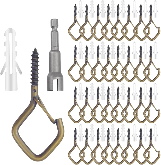 52-Pack Heavy-Duty Bronze Screw Eye Hooks with Safety Clips | Metal Ceiling Hooks for Hanging Plants, Wind Chimes, Bird Feeders & Indoor/Outdoor Lights
