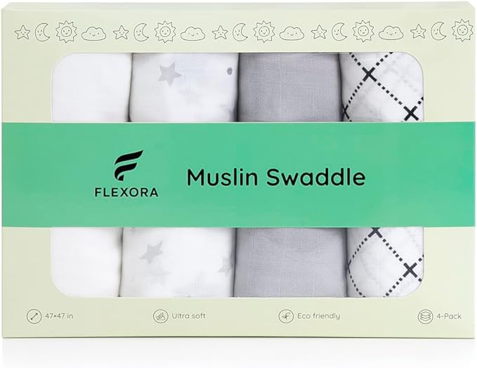 Muslin Swaddle Blankets for Baby Boys and Girls, 4-Pack Breathable and Skin-Friendly Receiving Blanket Wrap, Baby Essentials, Registry & Gift, 47 x 47 inches (Monochrome Doodles)