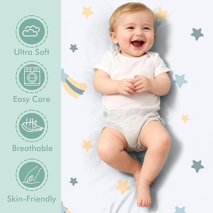 3 Pack Stretchy Bassinet Sheets - Universal Fit for Rectangle, Round, Oval, Hourglass Cradles & Moses Baskets - Soft Breathable Fitted Bassinet Sheets Set for Baby - Blue & Grey Star