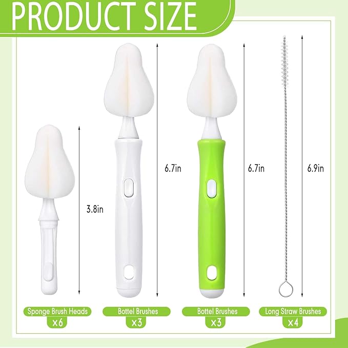 Willinglong 22 Pcs Sponge Bottle Nipple Brushes Set Including 12 Pcs Bottle Sponge Brush Heads 6 Interchangeable Nipple Brush Handles and 4 Long Straw Brushes for Baby Bottles (White and Green Handle)