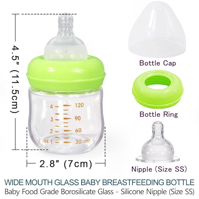 Matyz 1-Pack Glass Baby Breastfeeding Bottle with Cap (Green, 4Oz) - Wide Neck New Born Bottles for Baby Breastfeeding Bottles for Newborn Babies - Glass Baby Bottles Breastfeeding Bottles with Lids