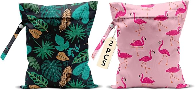2Pcs Pink Flamingo Wet Bags 12x10 Inch, Green Leaves Waterproof Travel Laundry Bags, Reusable Wet Dry Bag for Swimsuit Pool Beach Diapers Dirty Yoga Gym Clothes, Flamingo Gifts for Women