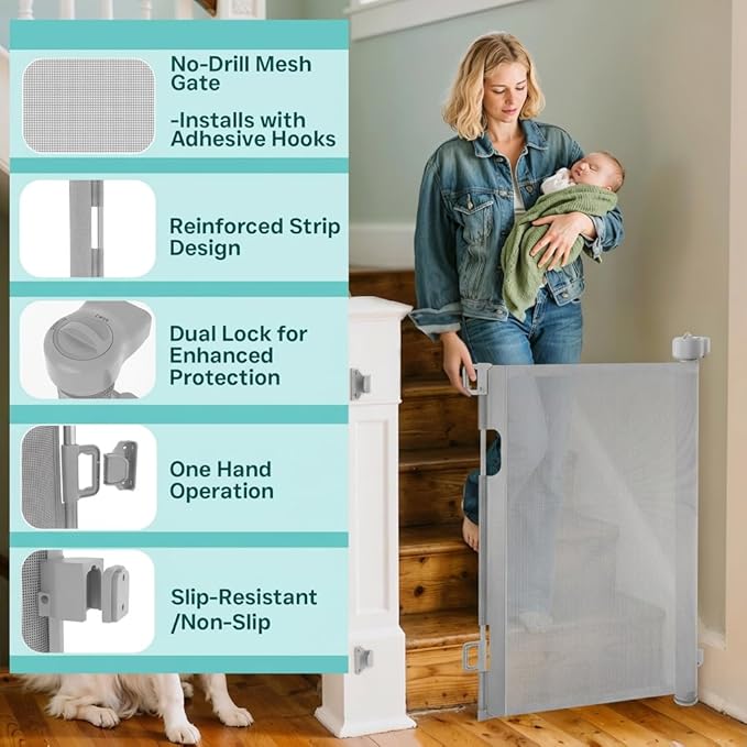 150 Inch Extra Wide Retractable Baby Gate,Mesh Baby Gate or Mesh Dog Gate,34" Tall,Child Safety Gate for Doorways, Stairs, Hallways, Indoor or Outdoor (Gray, 150''Wide 34''Tall)