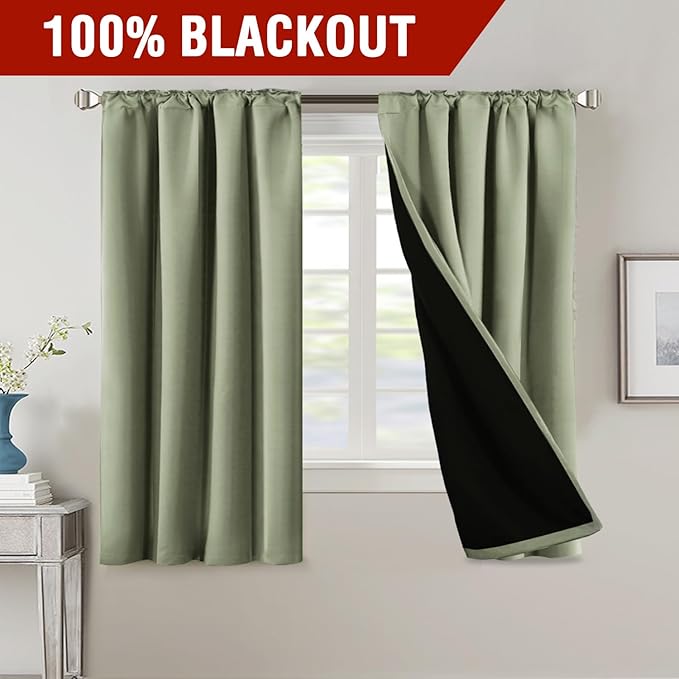 H.VERSAILTEX 100% Blackout Curtains for Bedroom with Black Liner Full Room Darkening Curtains Thermal Back Tab/Rod Pocket Window Treatment Drapes for Living Room, 2 Panels, 42 x 63 Inch, Sage