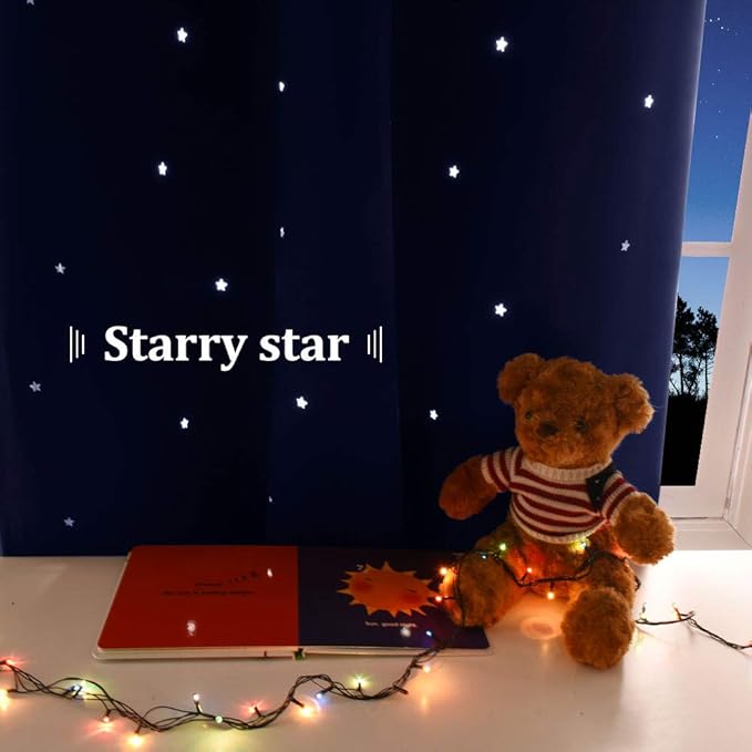 NICETOWN Star Themed Kids Curtains - Grommet Top Thermal Insulated Window Draperies with Die Cut Stars Bedroom/Home Theater/Living Room (42 inches Width, 84 inches Length, Navy Blue, 2 Panels),Adult