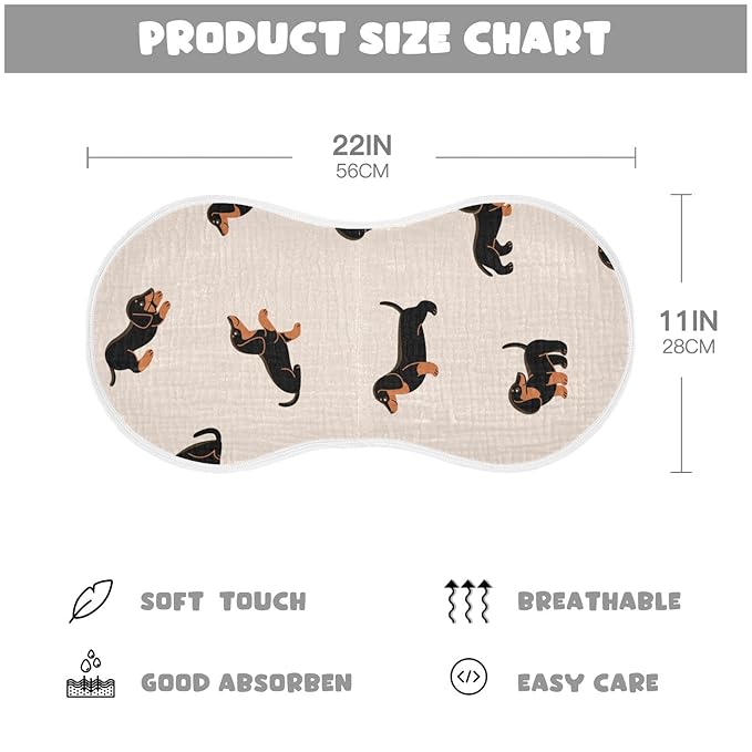 WELLDAY Muslin Baby Burp Cloths Set of 2, Soft Absorbent Cute Dogs Dachshunds Muslin Washcloths, Bibs, Face Towel for Newborn Boys Girls, 22 x 11 Inch