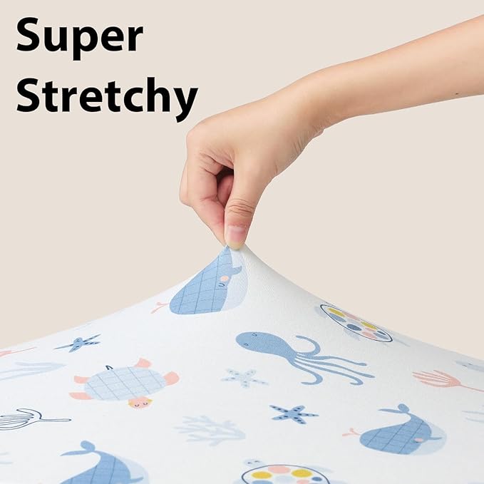 Baby Mini Crib Sheets Boy, Portable 38”x26” Pack and Play Sheets Fitted for Playard and Pack N Play Mattress, 3-Pack Soft Microfiber Blue Ocean Whale