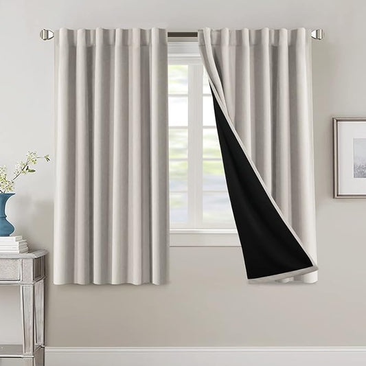 H.VERSAILTEX 100% Blackout Curtains for Bedroom with Black Liner Full Room Darkening Curtains 63 Inch Long Thermal Insulated Back Tab/Rod Pocket Window Drapes for Living Room, 2 Panels, Pumice Stone