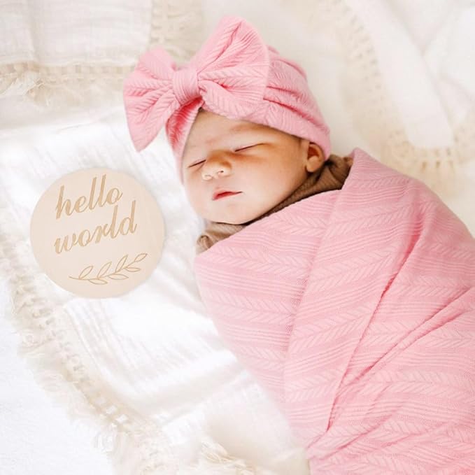 BQUBO Baby Swaddle Blankets for Girls, 4PCS Newborn Accessories Set with Hat and Bow Headband with Hello World Wooden Birth Announcement Card, Baby Blankets for Girls (Pink)