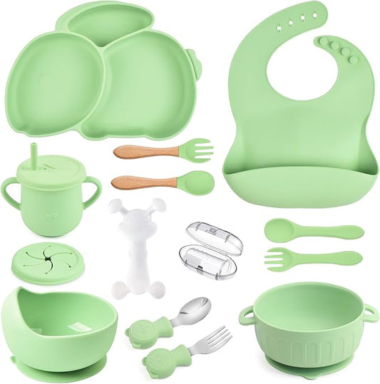 mraisebossup Silicone Baby Feeding Set 15 Pcs，Baby Spoons Suction Bowl Divided Plate Bib Cup Finger Brush Training cups,Baby Led Weaning Supplies（green）
