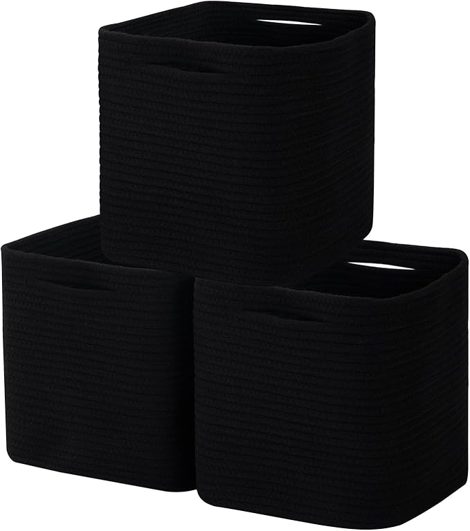 Cube Storage Bin 11" x 10.5" x 10.5" Cotton Rope Basket Square Woven Storage Basket for Shelves, Closet Organizer, Soft Towel Sock Basket, Black, 3 Pack