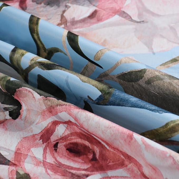 Renaiss Blue Rose Floral Blackout Curtains, Light Blue Watercolor Flowers Blossom Bedroom Window Curtains, Vintage Grommet Window Drapes for Living Room 53W x 63L 2 Panels Set