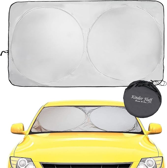 kinder Fluff Windshield Sunshade | Reflective Patented Car Sun Protection - Certified 99% UVR Block - Cool Interior | Foldable Sun Visor Cover | Automotive Accessories for Summer Heat |Size XL 66"x37"