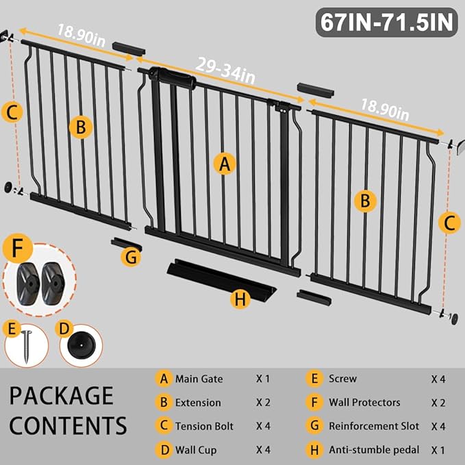 Fairy Baby Extra Wide Baby Gate Black 67-71.5 Inch Wide, Walk Through Pressure Mounted No Drill for Doorways, Long and Large Tension Gate for Pet and Kids