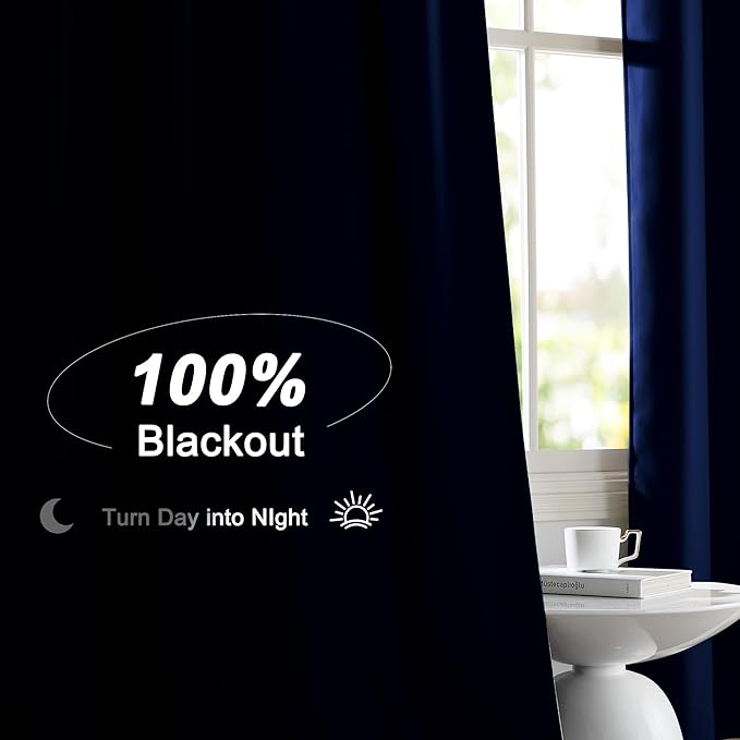 NICETOWN Navy Blue 100% Blackout Curtains for Bedroom, 52x84 Inches Set of 5 for Living Room, Rod Pocket Back Tab & Noise Reducing Drapes Black Lined Insulated Window Treatment Panels