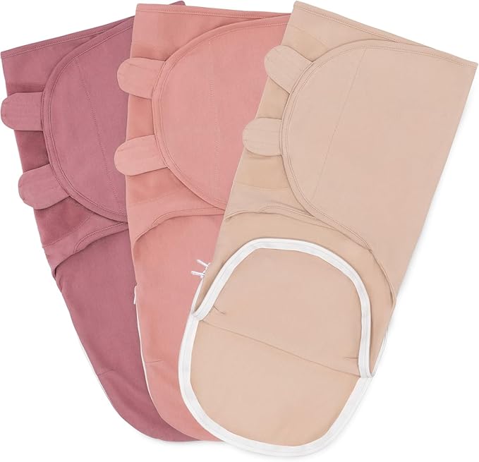 Comfy Cubs Easy Swaddle Blanket with Zipper Closure, 3 Pack - 100% Cotton Newborn Wrap, Large for 3-6 Months Infants, Breathable and Durable Sleep Sack for Babies - Light Blush, Blush & Mauve