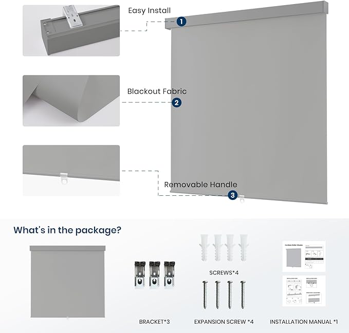 100% Blackout Roller Shades Cordless Blinds for Indoor Windows,Free-Stop Window Shades Pull Down,Thermal Insulated Fabric UV Protection,Blackout Window Guard Blinds for Home,Office,Grey,33" W x 72" H