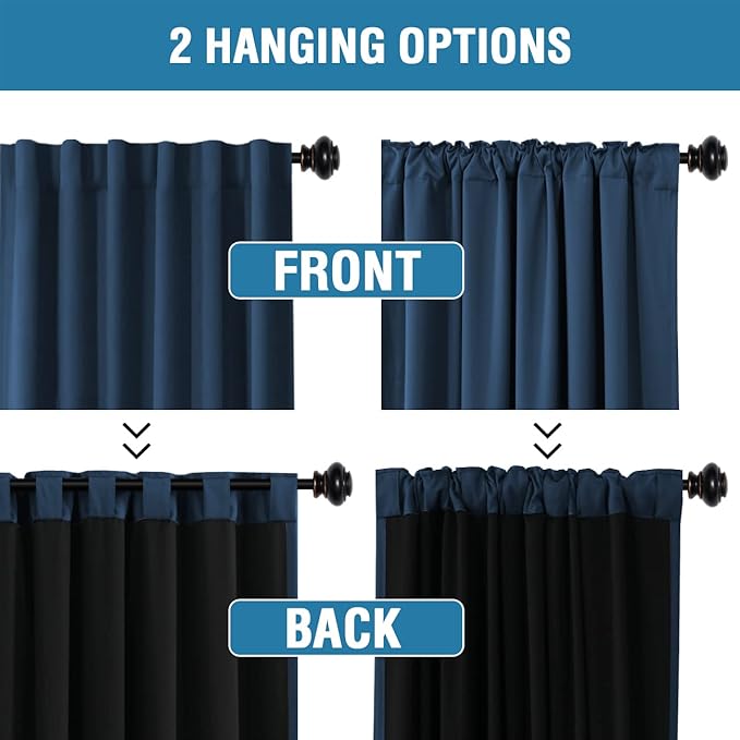 H.VERSAILTEX 100% Blackout Curtains for Bedroom with Black Liner Full Room Darkening Curtains 45 Inches Long Thermal Insulated Back Tab/Rod Pocket Window Drapes for Living Room, 2 Panels, Navy