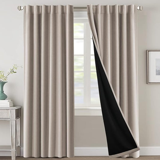 H.VERSAILTEX 100% Blackout Curtains for Bedroom with Black Liner Full Room Darkening Curtains 96 Inch Long Thermal Insulated Back Tab/Rod Pocket Window Drapes for Living Room, 2 Panels, Natural Sand