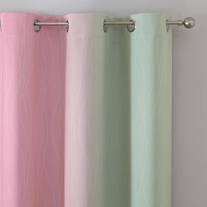 Estelar Textiler Pink and Sage Green Ombre Blackout Curtains 45 Inch Length 2 Panels, Full Room Darkening Gradient Drapes for Kitchen, Thermal Insulated Grommet Short Curtains for Bathroom, 42Wx45L
