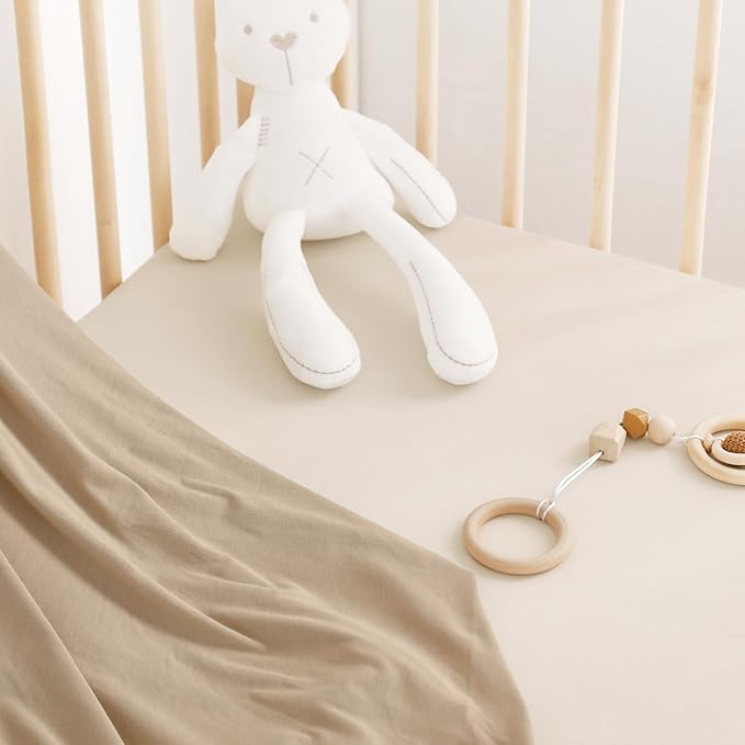 GRSSDER Jersey Crib Sheets for Boys and Girls, Stretchy Ultra Soft Crib Fitted Sheets Set 2 Pack, Universal Fit All Standard Crib Mattress Pads Safe and Snug, Natural Cream/Beige