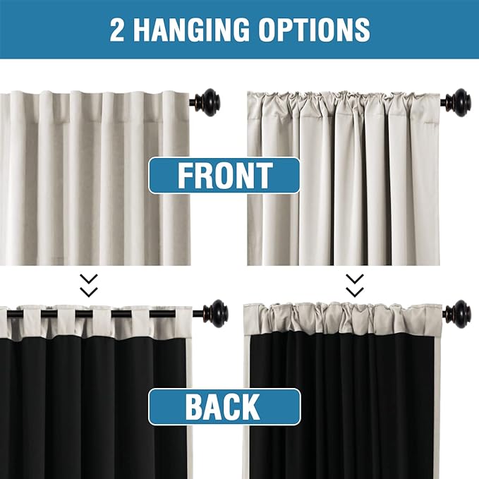 H.VERSAILTEX 100% Blackout Curtains for Bedroom with Black Liner Full Room Darkening Curtains 63 Inch Long Thermal Insulated Back Tab/Rod Pocket Window Drapes for Living Room, 2 Panels, Pumice Stone