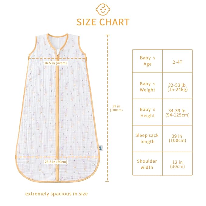 TADO MUSLIN Baby Sleep Sack 2-4 T Baby Wearable Blanket 100% Organic Cotton 0.5 TOG Toddler Sleep Sacks 2- Way Zipper Soft 4 Layers Muslin 2T 3T 4T Goose Yellow