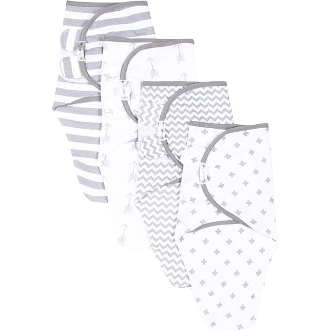 BaeBae Goods Swaddle Blanket, Adjustable Infant Baby Swaddling Wrap Set of 4, Baby Swaddling Wrap Blankets for Boys and Girls Made in Soft Cotton (Grey Arrows, 0-3 Months)