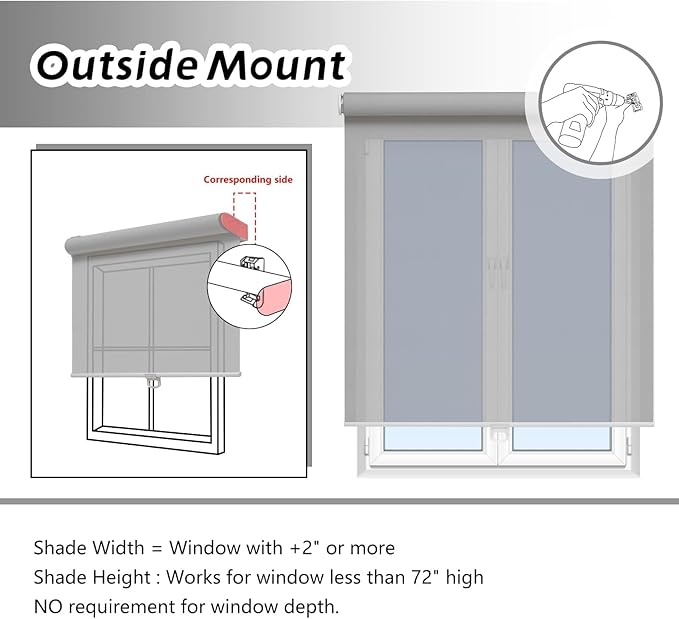 Cordless Roller Shades for Windows Light Filtering Shades with 5% Openness Solar Screen Semi Sheer Roller Blinds UV Protection for Office and Home. Easy to Install 52" W x 72" H (Grey)