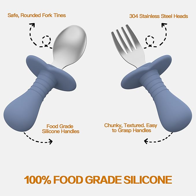 2 Pieces Toddler Utensils Forks and spoons set, Stainless Steel Childrens Silverware for Safe flatware Metal Kids Cutlery set with Round Handle, BPA Free, Anti-Choke Design (Dark Blue)