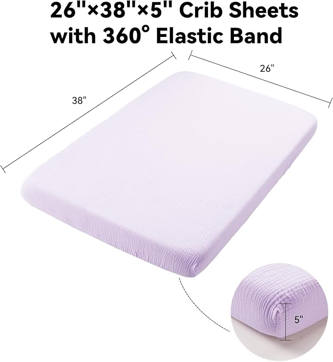 TILLYOU Muslin Mini Crib Sheets 2 Pack, Pack and Play Mattress Sheets Fitted for Pack N Play, 38 x 26 Sheet for Toddler, Grey and Purple