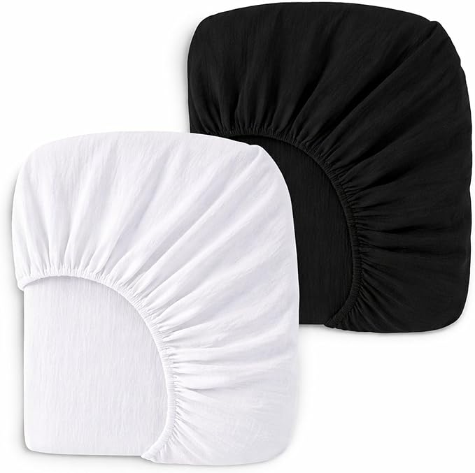 PET REJOIR 2 Pack Muslin Crib Sheets for Boys & Girl- Neutral Breathable Cotton Crib Mattress Sheets Fitted for Standard 28"x 52"- Nursery Décor No Slip Bed Sheets- Black & White