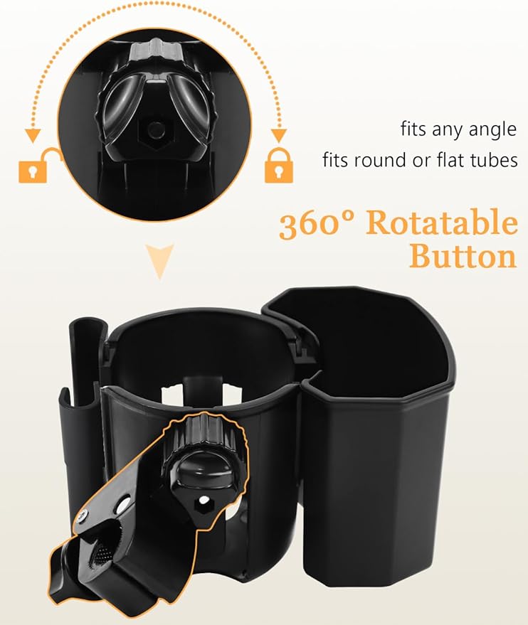 Universal Stroller Cup Holder with Phone Holder, 360° Rotatable Strong Clip, Big Storage Space for Walker, Wheelchair, Stroller, Bike (UM-SCH-B2507)