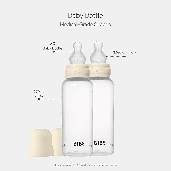 BIBS Baby Bottle 9 oz / 270 ml Silicone Nipple 2 Pack - Anti-Colic, BPA-Free, Round Nipple, Medium Flow, Lightweight & Easy to Clean, Suitable for Newborns 0+ Years - Ivory
