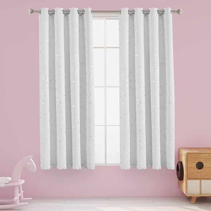 LORDTEX Dinosaur and Star Foil Print Blackout Curtains for Kids Room - Thermal Insulated Curtains Noise Reducing Window Drapes for Boys and Girls Bedroom, 52 x 45 Inch, Greyish White, 2 Panels