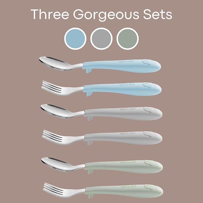 Ali+Oli Toddler Utensils Set (6 Pack) – Stainless Steel Kids Silverware with Soft Silicone Handles, BPA Free Baby Forks and Spoons, Durable Children Flatware Dishwasher Safe for Self Feeding (Bears)