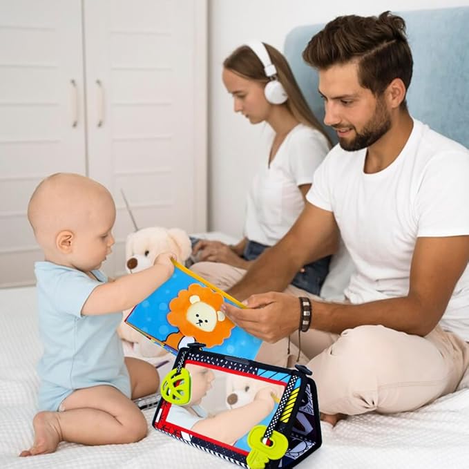 High Contrast Tummy Time Mirror Toy for Babies – Sensory Infant Development Toy with Crinkle Cloth Book & Teethers | Strengthens Neck & Core, Montessori Crawling & Visual Stimulation Toys