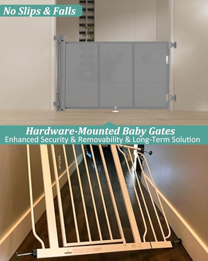 71 inch Retractable Baby Gates 42 inch Tall, Retractable Gate with Reinforced Strip Design to Prevent Crawling Through, 6 FT Retractable Dog Gate for Stairs, Doorways, Hallways, Indoor/Outdoor