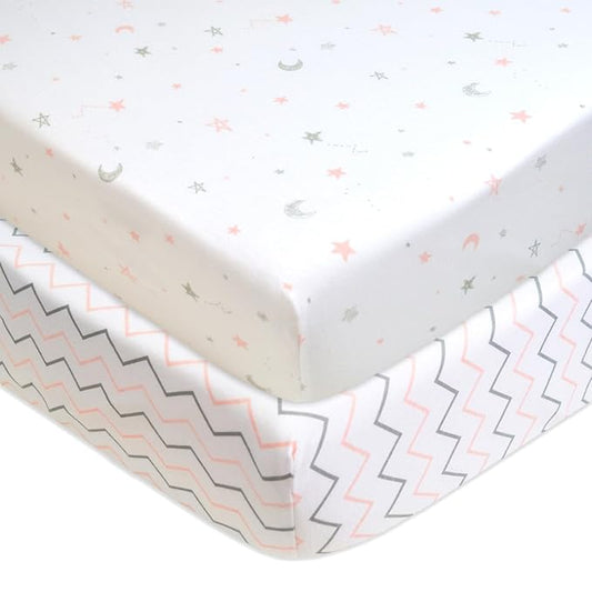 American Baby Company 2 Pack 100% Natural Cotton Fitted Crib Sheets 52" x 28" - Soft, Breathable, Hypoallergenic & Gentle Toddler Bed Sheets, Pink Stars/Zigzag, Neutral for Boys & Girls