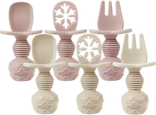PandaEar 4 Pack Silicone Baby Spoons Forks Feeding Set, Toddler Utensils Baby Led Weaning Supplies, First Stage Baby Spoon Self Feeding 6 Months Old Baby Essentials