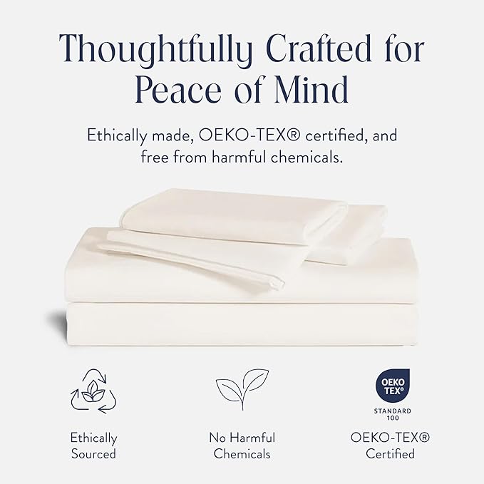 Brooklinen Luxury Sateen 4 Piece Sheet Set - 100% Cotton Bed Sheets, Soft & Durable Queen Size Sheets Set in Cream, Oeko-TEX Certified Bedding Set, 1 Fitted Sheet, 1 Flat Sheet, 2 Pillowcases